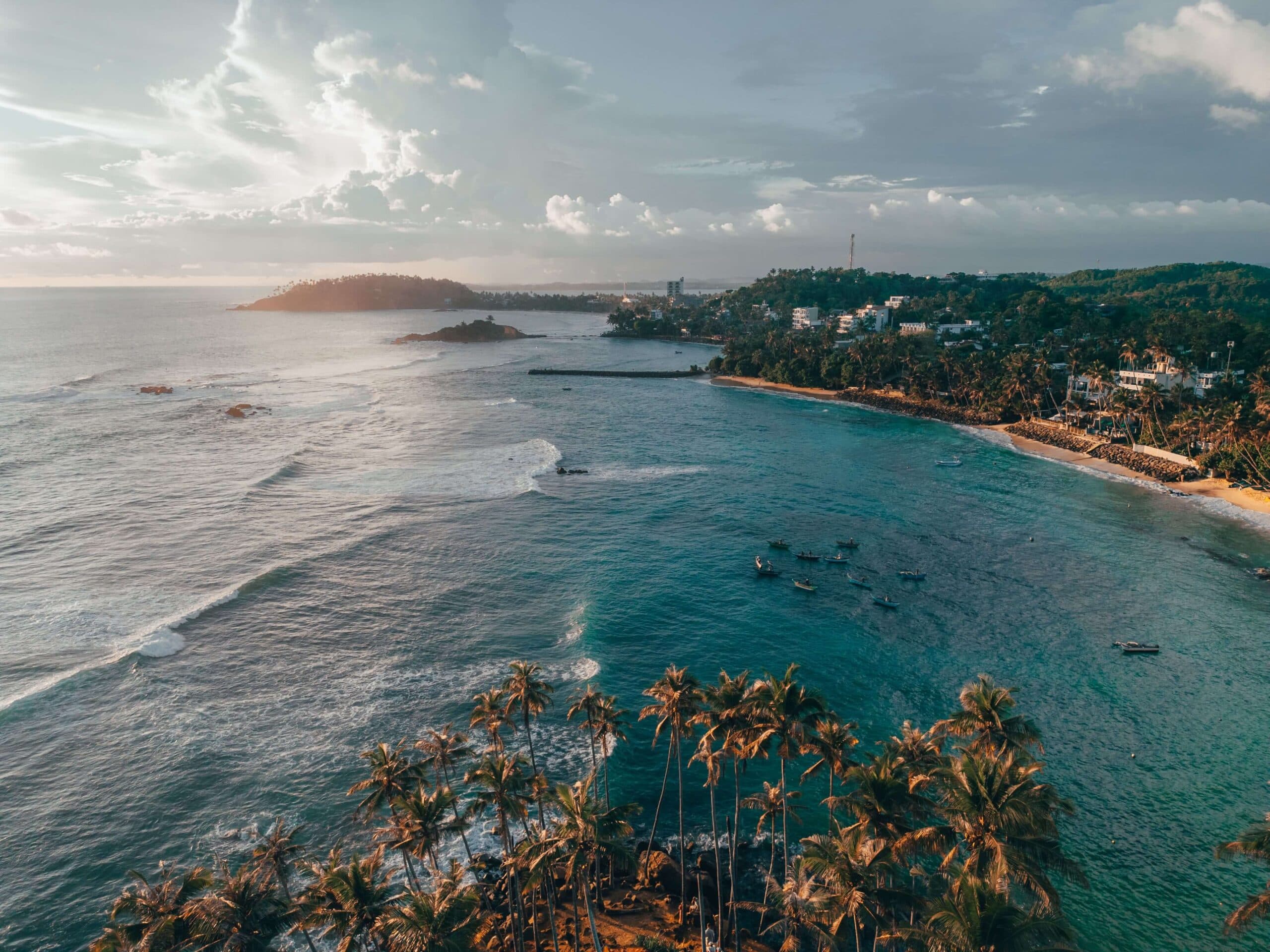 Aerial view of palm-lined bay on Sri Lanka's south coast